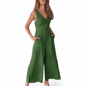 Anrabess Women's Green Jumpsuit Wide Leg Sleeveless Linen Sexy Romper